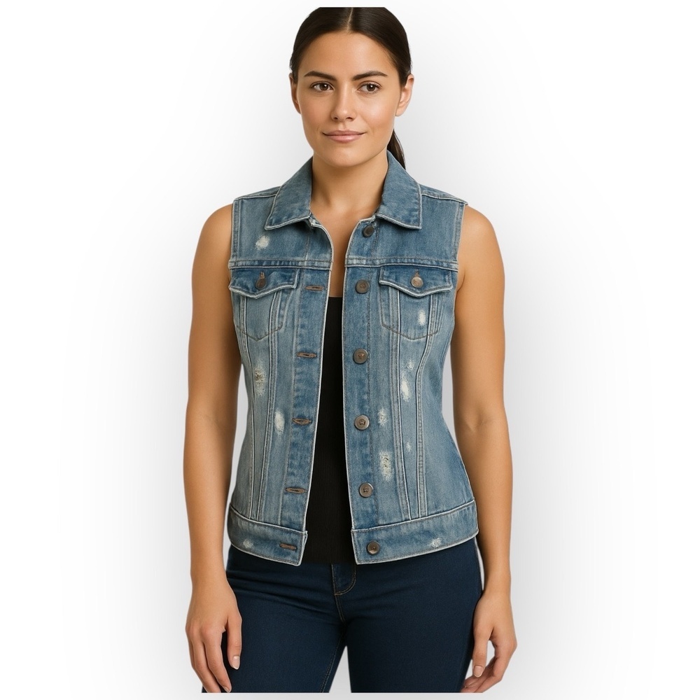 Hollister Distressed Denim Vest Light‎ Wash Blue Cotton Blend Women XS 0927